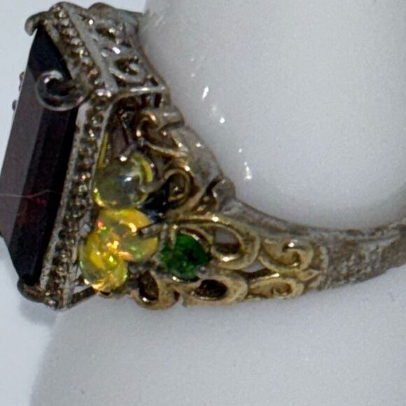 Art Deco vintage 925 silver ring 5.59g tsavorite garnet & opal Sz 9 signet - Picture 5 of 13